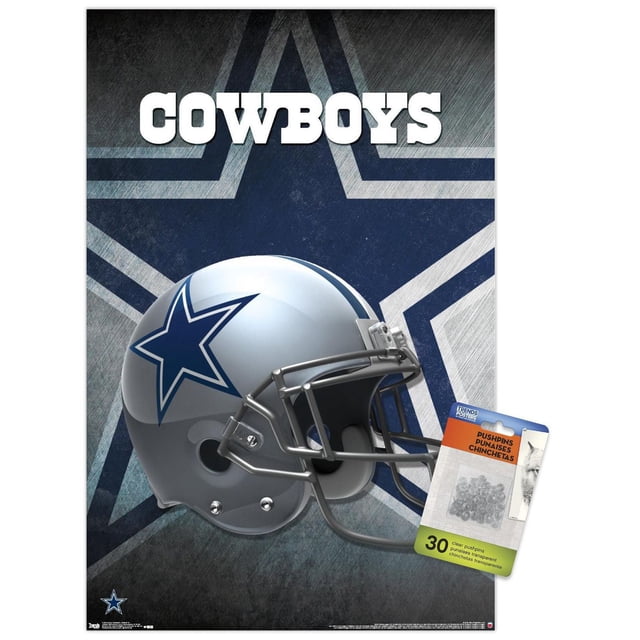 NFL Dallas Cowboys - Affiche Murale Casque 16, 22,375 Po x 34 Po Encadrée Montrant un Casque de football Argenté Orienté vers l'Avant avec un logo Étoile Bleu sur le Côté, sur un Grand Fond Texturé Bleu et Gris avec « Cowboys » en Lettres Blanches Audacieuses au-Dessus, Convient à la Décoration Murale à Thème Sportif dans les Chambres, Bureaux Ou Dortoirs.