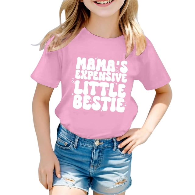 Girls Softball under Shirts Ruffle Girl Clothes Children's Casual Letter Pattern Print Multicolor Round Neck Short Sleeves