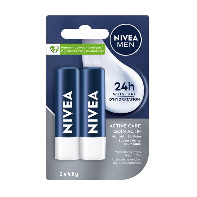 Nivea MEN ACTIVE Care Lip Care with 24H Moisture duo pack showing two navy blue and white lip balm sticks on a blue and gray card, featuring a nourishing formula with shea butter and natural oils for long-lasting hydration and protection of men's lips.