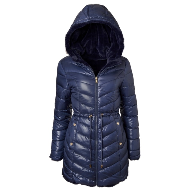 Sportoli Womens Winter Coat Reversible Faux Fur Lined Quilted Puffer Jacket - Navy (2X)
