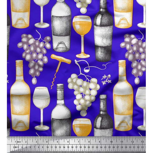 Soimoi Tissu en Viscose Chiffon Raisins, Verre à Vin & Bouteille Imprimé Tissu au Mètre 42 Pouces de Large