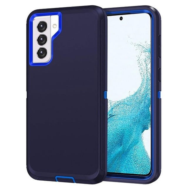 Supershield Defender Case for Samsung Galaxy S22 Plus 5G in dark blue, a rugged phone case with 3-in-1 multi-layer protection. Shockproof, dustproof, and equipped with a built-in screen protector, it features precise cutouts for the camera, speakers, and charging port, and a non-slip silicone exterior for secure handling.