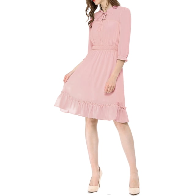 INSPIRE CHIC Women's Layered Ruffle Hem 3/4 Sleeves Smocked Chiffon A-Line Dress XL Pink