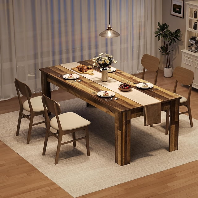 71 Inch Farmhouse Dining Table for 6-8 People, Large Rectangular Kitchen Table with Thick Engineered Wood Top, Wide Leg Base, Heavy-Duty Dining Table for Dining Room, Kitchen, Home Office,Brown