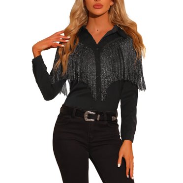 INSPIRE CHIC Blouse à Franges pour Femme à Manches Longues Boutonnée Chemises de Fête Disco Noir TP