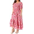 thumbnail image 4 of GRACE & GRANDEUR Robe Maxi Bohème à Fleurs pour Femme Grande Taille, Manches Courtes, Encolure Carrée, Smockée, 4X, Rose Vif, 4 of 6