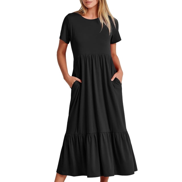 Meichang Robes d'Été pour Femmes Décontractées à Manches Courtes Col Ras du Cou Robes à Étages Robe Trapèze Évasée Fluide Robe Maxi Plage Longue Robe T-Shirt avec Poches