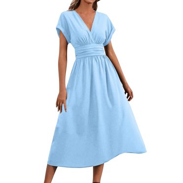 Pisexur Summer Dresses for Women 2025,The Latest Style Womens Dresses Fashion Round Neck Casual Solid Color Pocket Short-sleeved Knee-length Dress Sky Blue,2XL