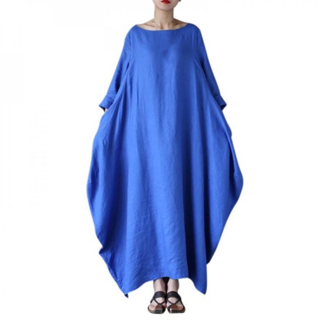 Robes Amples pour Femmes Grande Taille Manches Mi-Longues Col Rond Longueur Cheville Mode Automne Décontracté Plage Fête Robe Blanche TG