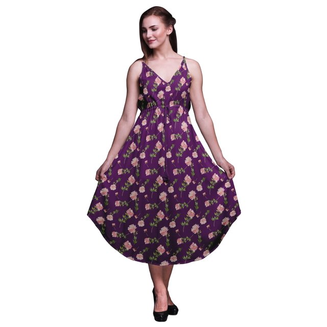 Bimba Robe à Imprimé Floral pour Femmes Bretelles Spaghetti Col en V Midi Tenue de Plage-Petite