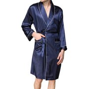 Gupgi Men Satin Bathrobe Contrast Color Long Sleeve V Neck Midi Night Robe with Pockets