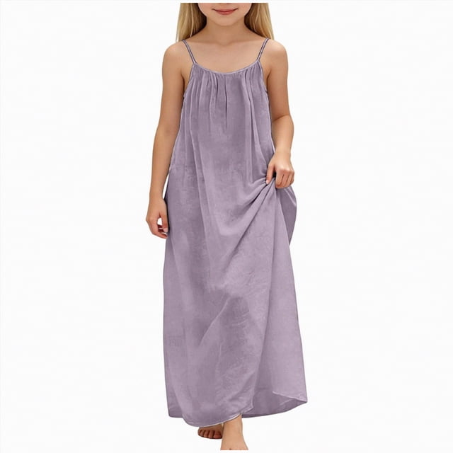 NIEWTR Robe Décontractée Tissée pour Tout-Petits et Bébés Filles à Larges Bretelles, Robe Soleil Fluide pour les Journées d'Été (Violet, 8-9 Ans)