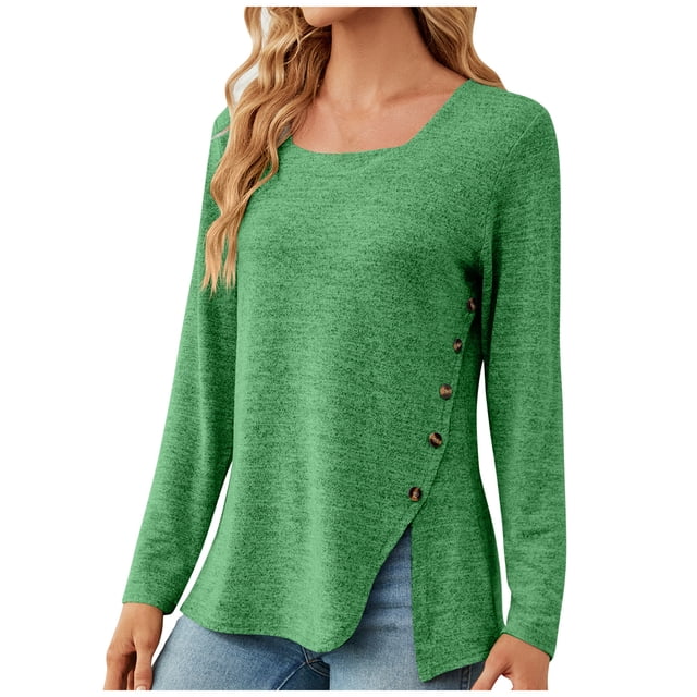 Timegard Hauts pour Femmes Col Carré à Boutons Manches Longues Fendu Confortable T-Shirt d'Automne Chic Décontracté Ample Hauts Blouse