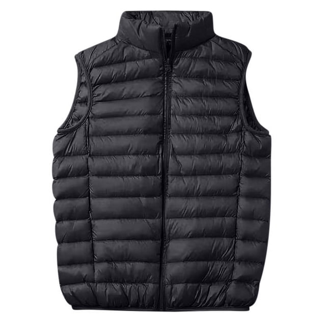 Fengqque Men's Packable Down Vest Outdoor Puffer Vest Winter Black M. A sleeveless black puffer vest with a stand collar and front zipper closure. Features horizontal quilted stitching, two side zipper pockets, and one built-in pocket. Made of 100% polyester fiber, lightweight and packable, ideal for men's winter wear and outdoor activities like hiking, cycling, and shopping.