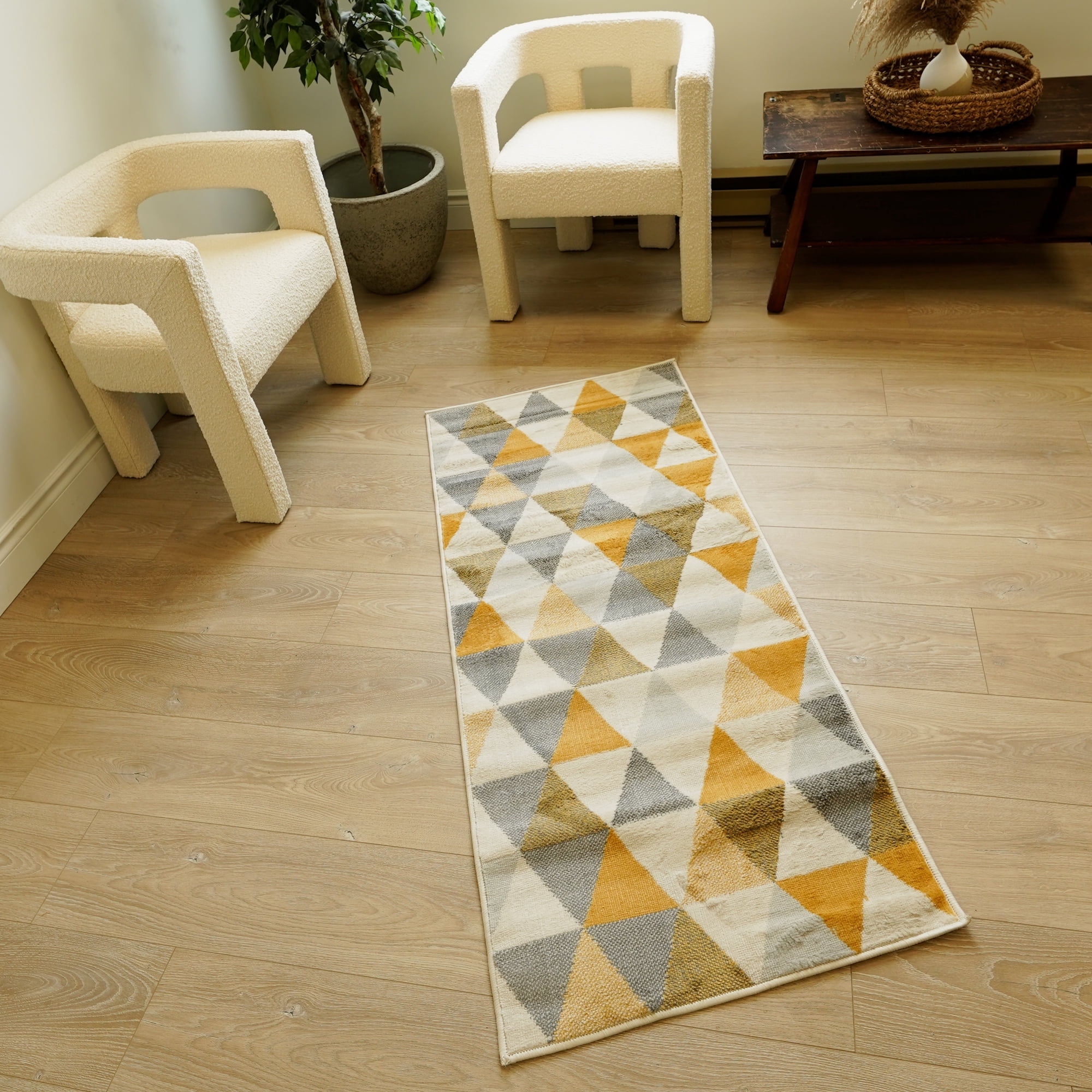 Tapis Branch Savannah 2' x 9' (Taille exacte : 2'3" 9') de couloir moderne du milieu siècle, jaune beige, géométrique pour entrée, couloir, salle bain et cuisine