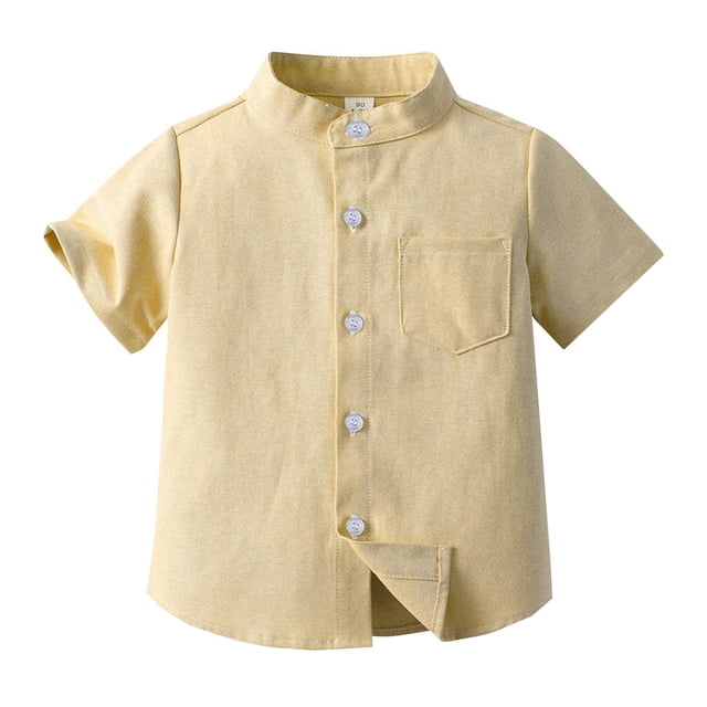 LUOGENLI Maxi Tops Set Spring Summer Boys Short Sleeved Shirt Solid Color Single Cotton Cardigan Children's Shirt Maxi Tops and Slit Yellow Size 7-8 Years