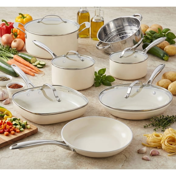Gotham Steel Cream 12 Piece Ultra Nonstick Ceramic Cookware Set with Stay Cool Handles Dishwasher and Oven Safe