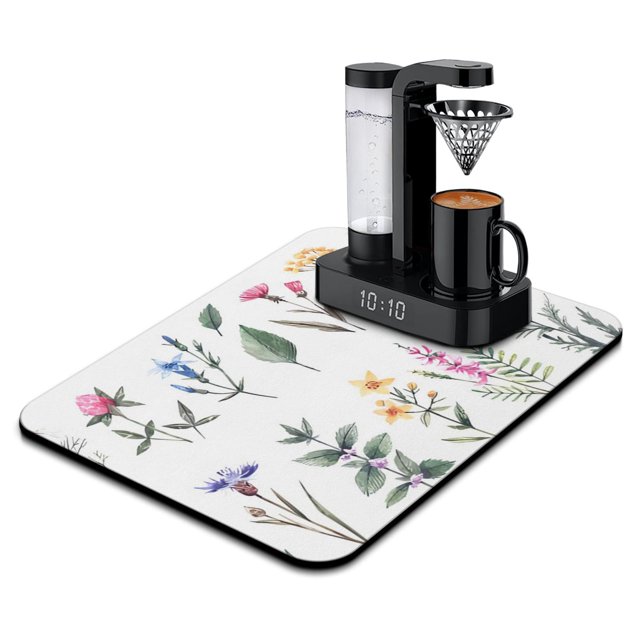 Vintage Flower Herbs Dish Drying Mat - XL Microfiber Absorbent Mat Protects Kitchen Counters, Perfect Blend of Style & Functionality (18x24 inch)