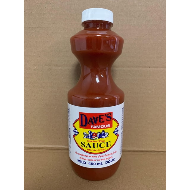 Dave's Célèbre Poulet Wing Sauce - Sauce Douce dans une Bouteille en Plastique de 450 ml avec Bouchon à Vis Blanc et Étiquette Bilingue Jaune-Rouge, Convient au Poulet, au Bœuf, au chili, aux spaghetti et aux Oeufs du Déjeuner.