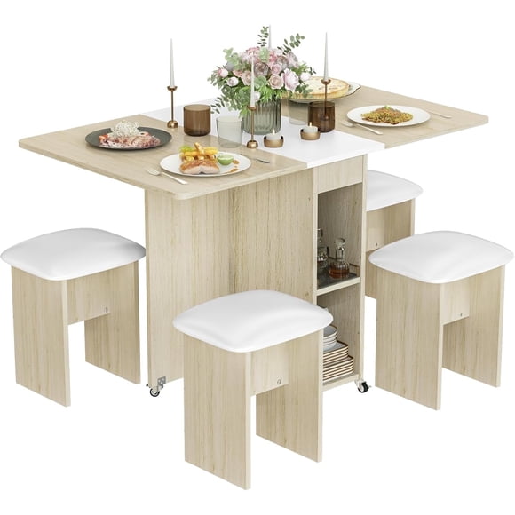 AWQM 4 Person Folding Dining Table Set with 4 Leather Chairs and Storage Space Saving Foldable Dining Table with Rollers for Small Spaces Kitchen Dining Table Set (Beige)
