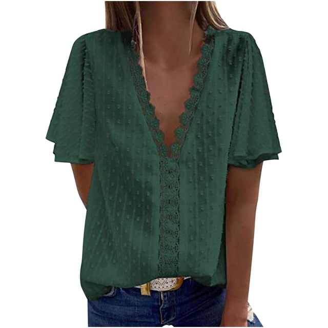 Hauts pour Dames Manches Courtes Femmes Décontracté Manches Courtes en Chiffonnier Uni Blouse T-Shirt à Col en V Hauts pour Dames Hauts pour Femmes Décontracté