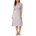 thumbnail image 2 of INSPIRE CHIC Robe d'Été pour Femme, Robe Midi à Fleurs Smockée, Encolure Carrée, Manches Courtes Bouffantes, m Violet, 2 of 7