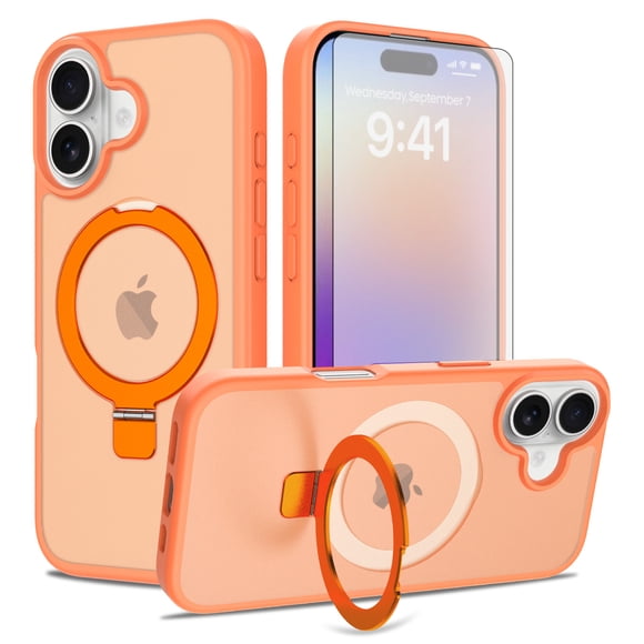 Asuwish Phone Case for iPhone 17 6.3 inch Tempered Glass Screen Protector Magnetic Folding Stand Frosted Translucent Rugged Shockproof Protective Cell Cover i Phone17 i17 17Case Women Men Orange