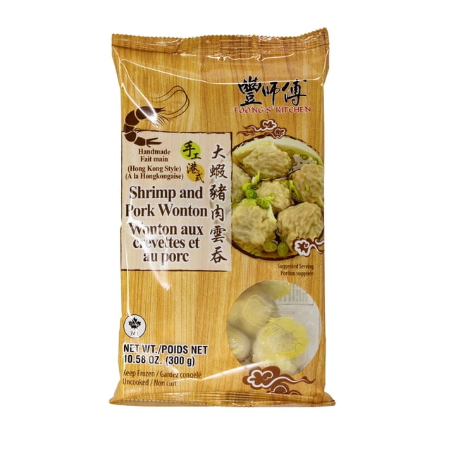 WONTON aux Crevettes FONG PREMIUM E-AL 300 g Sac Surgelé par Foong's Kitchen Présentant des wontons de Crevette et de Porc Faits à la Main style Hong Kong, Texte Bilingue Anglais et Français, Fenêtre Transparente Montrant des wontons Non Cuits, et une image de suggestion de Service avec des Oignons Verts.