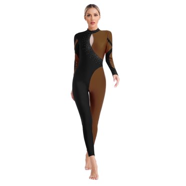 Kaerm Women's Gymnastics Leotard Rhinestone Long Sleeve Jumpsuit Full Body Dancewear Brown XL