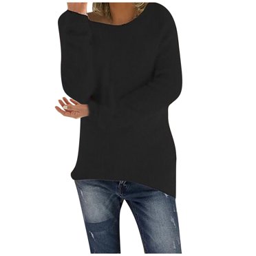 yoeyez Chandails pour Femmes Automne 2024 Peluche Couleur Unie Col Rond Chandail Coupe Ample Manches Longues Hauts Mode Décontracté Tunique Chandail Noir 5TG