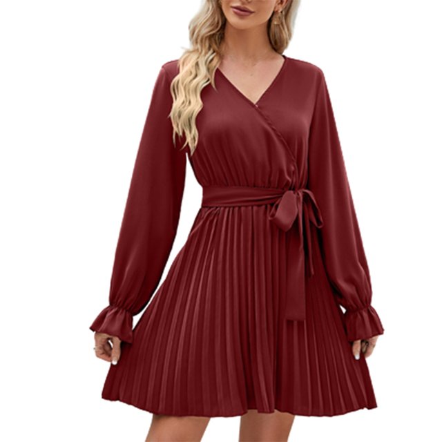 Vente de Liquidation Robes d'Été pour Femmes 2023 Robe à Manches Courtes de Couleur Unie Col en V Midi Évasée Mode Élégante Fête Boîte de Nuit Vacances Plage Bord de Mer Bal de Rentrée Ligne A Ourlet Évasé Robe Plissée