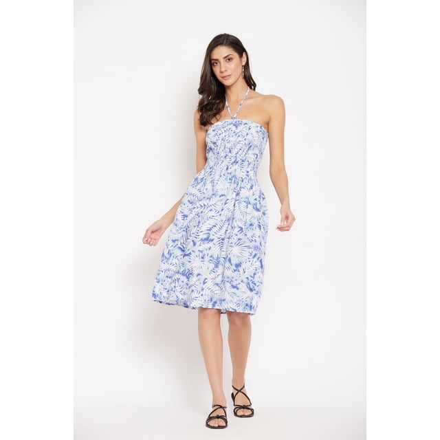 Oussum Robe Tube Courte pour Femmes Sans Manches, Robes d'Été, Bleu et Blanc