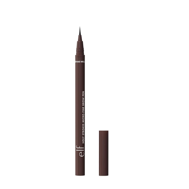e.l.f. Cosmetics Holy Strokes Micro-Fine Brow Pen in dark brown with a precision micro-fine brush tip and removable cap, ideal for creating natural, hair-like eyebrow strokes with a waterproof, smudge-resistant formula suitable for detailed brow dimension.