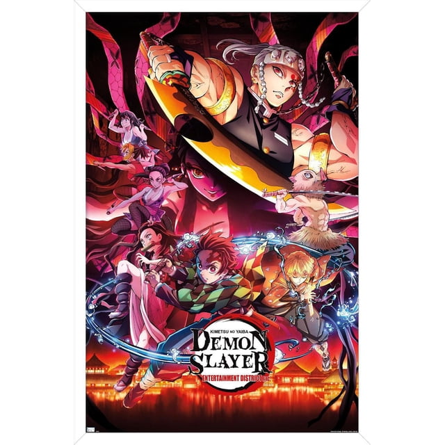 Demon Slayer - Key Visual 1 Wall Poster, 22.375" x 34" depicting characters from the Entertainment District Arc in dynamic poses. The central figure wears a green and black checkered haori wielding a sword with swirling water effects, alongside a character in an orange haori emitting lightning. Other characters include a muscular man with a large weapon and a female with a bamboo muzzle. The background shows glowing traditional Japanese buildings reflected on water, ideal for vibrant home décor.