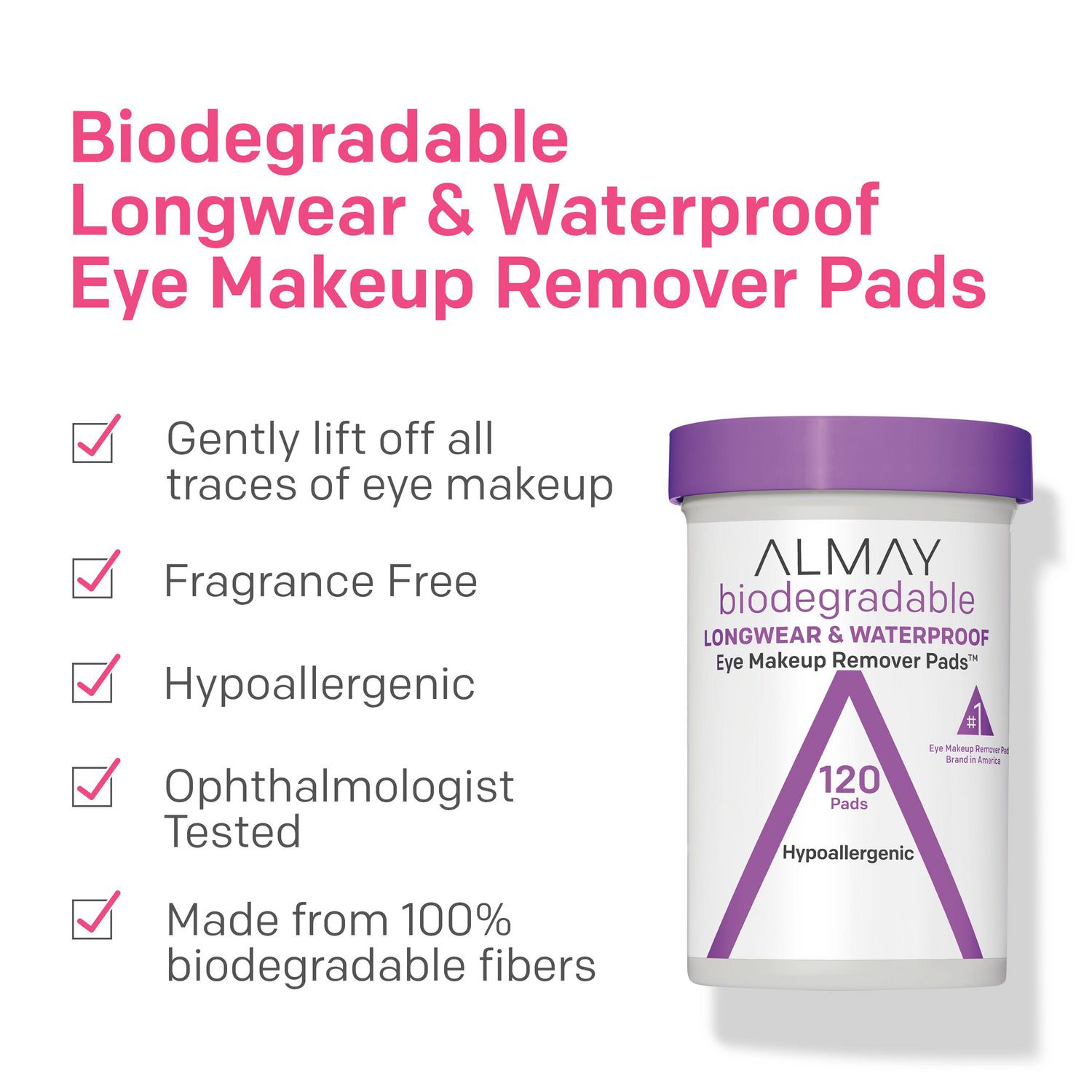 Almay Tampons Démaquillants pour les Yeux Biodégradables Longue Tenue & Hydrofuges, Lingettes Maquillage Hydrofuge