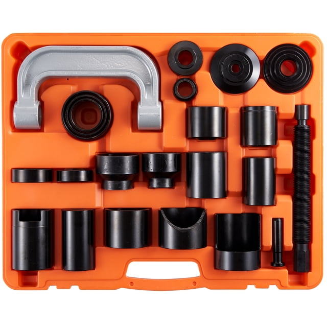 VEVOR Ensemble d'Outils pour Joint à Bille C-press, 23 Pcs, Trousse de Réparation Automobile dans un Étui de Transport orange Verrouillable. Comprend des Composants en Acier au Carbone Robustes, Y Compris un Serre-Joint en C, une Vis Sans Fin, des Adaptateurs, des Coupelles et des tubes pour Retirer et Installer des joints à Billes, des joints en U et des Goupilles d'Ancrage de Frein. Conçu pour les Tâches de Réparation Automobile, compatible avec des Véhicules 2WD et 4WD comme Ford, GM, Dodge, IHC