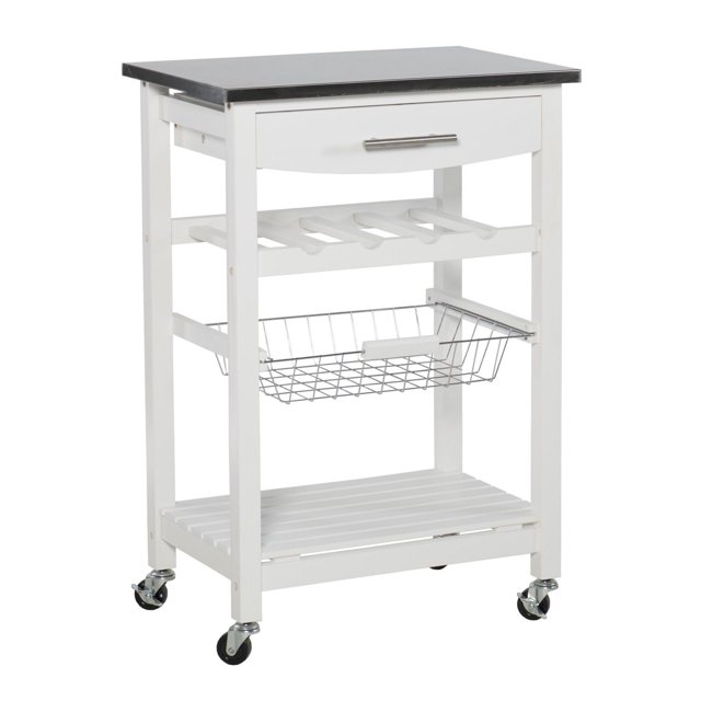 Royce Chariot de Cuisine Blanc avec Dessus en Acier Inoxydable Sécuritaire pour les Aliments, Tiroir avant avec Poignée en Acier Inoxydable, Casier à Vin pour Quatre Bouteilles, Panier en Fil Métallique Coulissant et Tablette Inférieure à Lattes sur Roulettes Verrouillables de style Ferme Blanc, Idéal pour la Préparation et le Service en Cuisine.