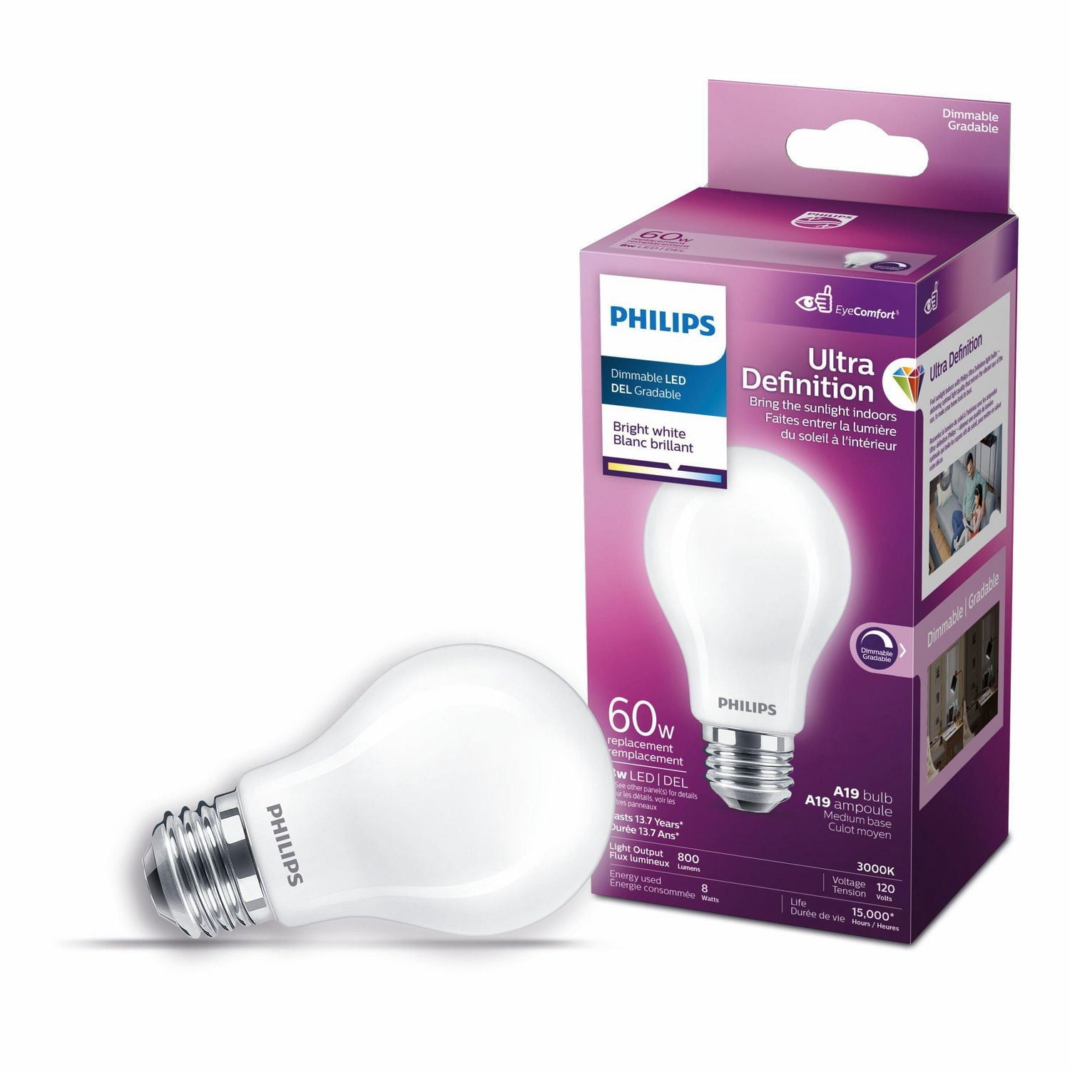 Philips LED Ultra Definition 60W A19 Bright White Glass Frosted