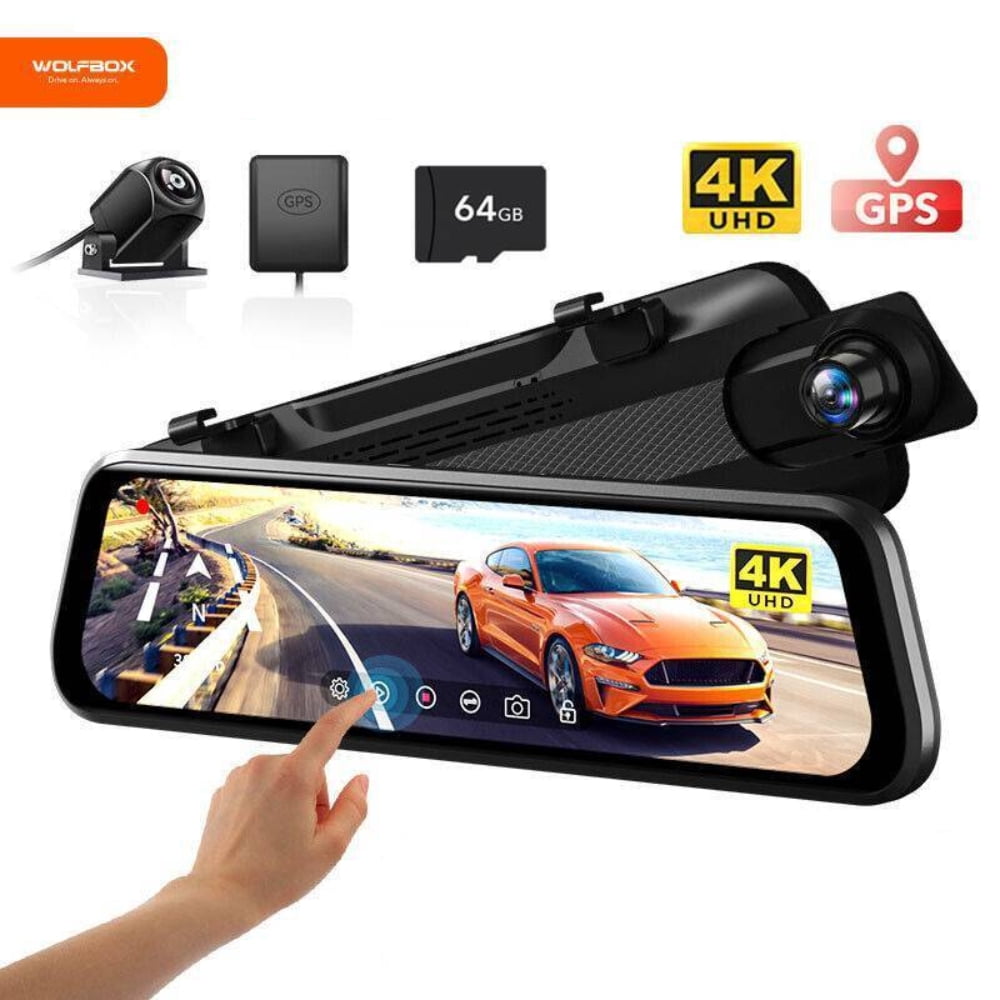 WOLFBOX Rear View Mirror Dash Camera, 4K Dash Cam Front and Rear with Night Vision, 10" Touch Screen Dash Cam, Parking Monitor, Vehicle, Free 32GB Card, GPS