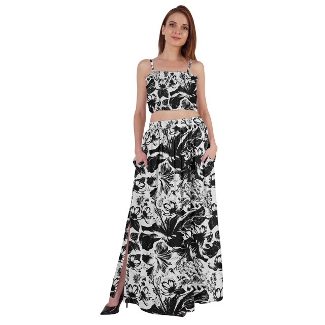 Bimba Ensemble Coordonné 2 Pcs Robe Aguichant de Plage et de Fête pour Femmes, Haut Court Imprimé Smocké et Jupe Longue
