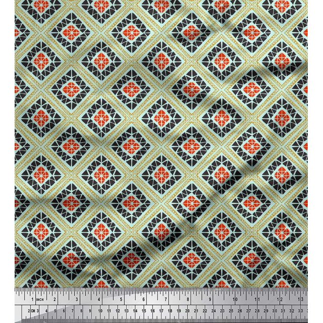 Soimoi Green Cotton Voile Fabric Square & Triangle Geometric Print Sewing Fabric Yard 56 Inch Wide
