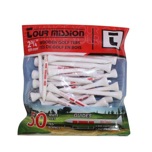 T-shirts de Golf en Bois Blancs de 2 3/4 Pouces (69 mm), Lot de 50 par Tour Mission - Gros Plan Centré de T-Shirts en Bois Blancs Montrant des Arbres Polis Lisses et des Anneaux de Guidage de Marquage de Profondeur Visibles; Lot de 50, Image de Marque Tour Mission, Bois recyclable, Idéal pour l'Entraînement Ou la Compétition et Souvent Utilisé comme Marqueurs Temporaires de Portée.