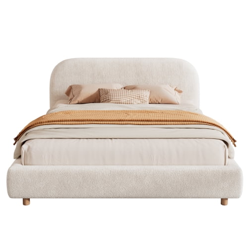 Modern minimalist upholstered bed, King Size, with soft headboard, covered in loop-pile fabric, no storage space, mattress not included, White