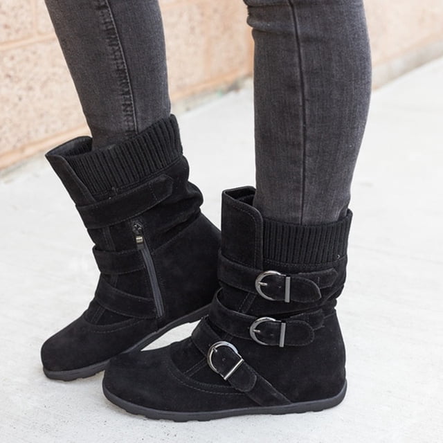 CEHVOM Women Suede Round Toe Zipper Flat Pure Color Buckle Strap Keep Warm Snow Boots