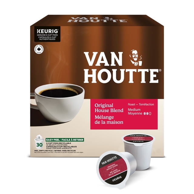 Van Houtte Original House Blend Medium Roast K-Cup Coffee Pods box showing a steaming white cup of black coffee and two K-Cup pods, compatible with all Keurig machines and recyclable in select locations, suitable for convenient single-serve brewing.
