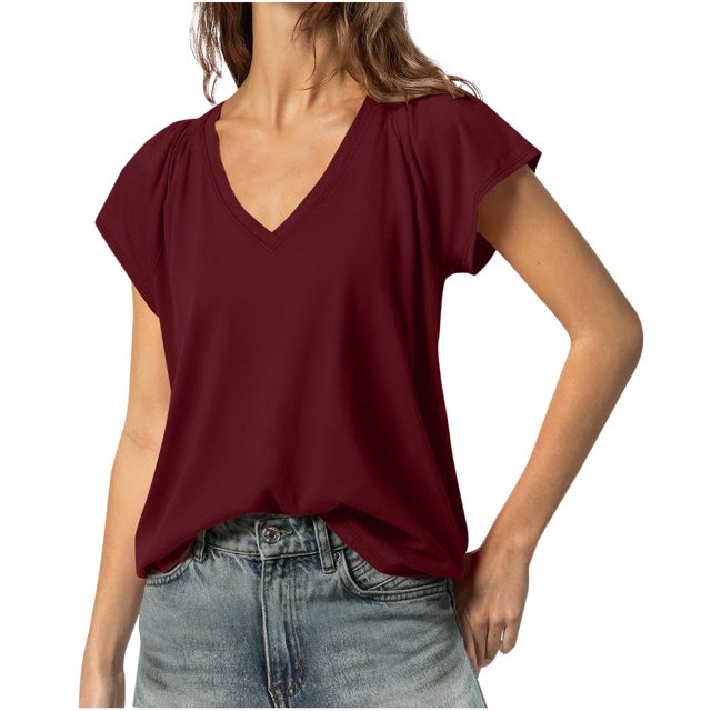 Olyvenn Hauts pour Femmes Été T-Shirts à Col en V 2025 Manches Courtes Hauts Décontractés Tendance Vêtements de Plage Vacances Basiques T-Shirts Rouge G