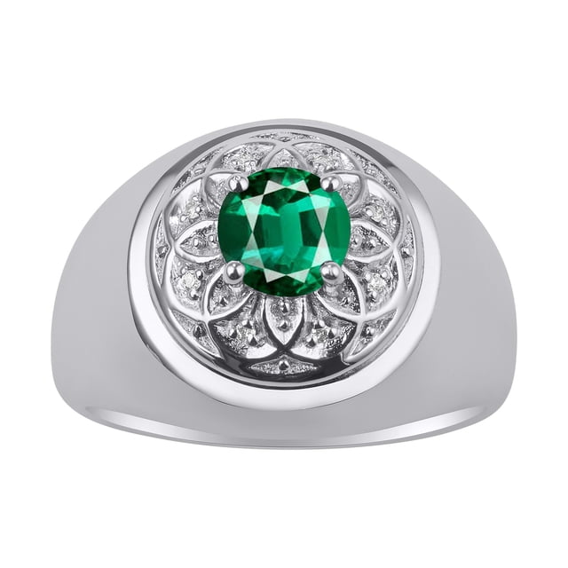 RYLOS Men's Rings Sterling Silver Designer Gypsy 7MM Round Gemstone & Diamond Ring Emerald May Birthstone Rings Size 12
