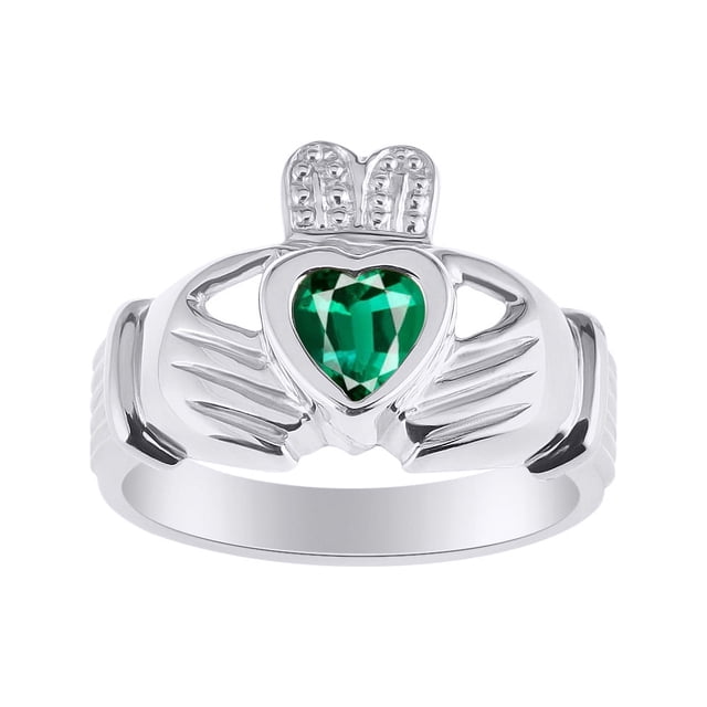 RYLOS Rings Sterling Silver Claddah Love, Loyalty & Friendship Heart 6MM Gem Irish Wedding Band Claddagh Rings May Emerald Jewelry Size 8