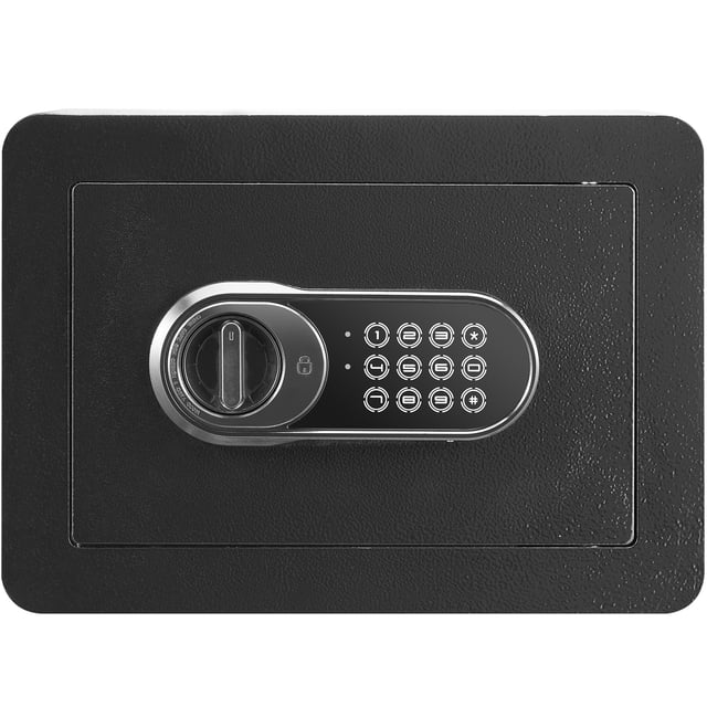 KFFKFF Safety Box, 0.5 cubic feet residential security box made of reinforced alloy steel with a digital lock and two keys. The black steel box features a dual lock system with a keypad and key access, two sturdy locking bolts, and an anti-prying design. It includes pre-drilled holes for wall installation and a removable shelf for customizable storage. Dimensions are 13.8 x 9.8 x 9.8 inches.