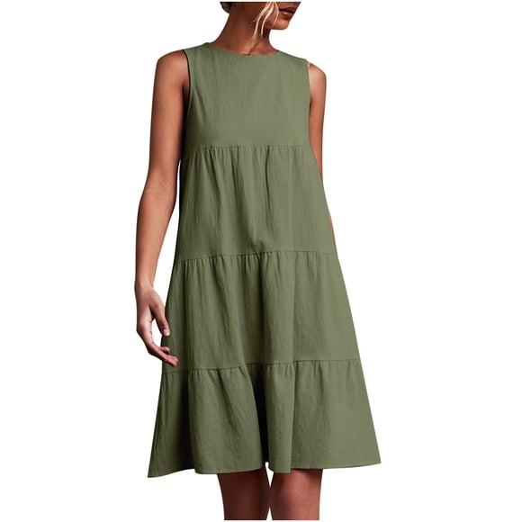 Snorda Women's Summer Dress Casual Flutter Sleeveless Crew Neck Solid Color Dress Smocked Tiered A Line Midi Dress
